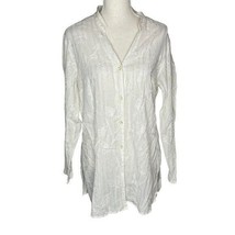 Susan Graver Style Sz L Ivory Embroidered Floral Metallic Crinkle Button-Up Top - £23.04 GBP