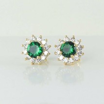 14K Yellow Gold-Finish 1.25Ct Round Cut Emerald &amp; Diamond Studs Flower Earrings  - £64.56 GBP
