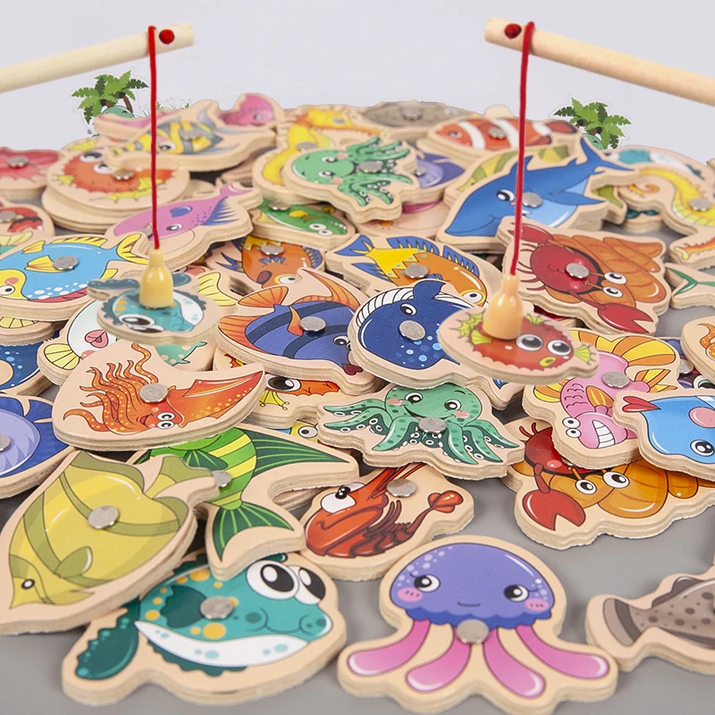 Montessori Wooden Magnetic Fishing Toys for Baby Cartoon Marine Life Cognition - £10.02 GBP+
