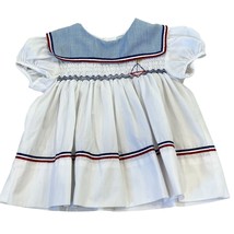 Polly Finders Vintage 12 Months Red White Blue Sailboat Smocked Dress - £29.38 GBP