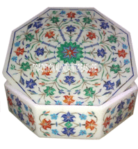 5&quot;x5&quot; Marble Jewelry Trinket Box Rare Stone Inlay Marquetry Collectible Gifts - £209.93 GBP