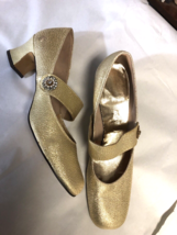 Vtg 1960s RARE never worn Gold Heels Barbiecore Rockabilly Rhinestone faux buckl - £39.56 GBP