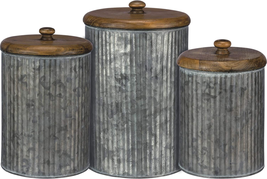 Rustic Style Canisters, Set of 3, Galvanized Metal and Wood - £65.46 GBP