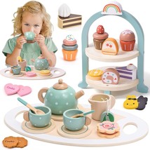 Wooden Tea Party Set For Little Girls 28 Pcs Toddler Tea Set With Cupcake Stand  - £43.95 GBP