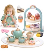 Wooden Tea Party Set For Little Girls 28 Pcs Toddler Tea Set With Cupcak... - £43.90 GBP