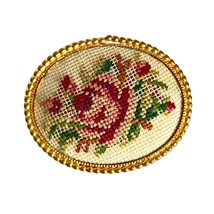 Embroidered Petit Point Hand Needlepoint Rose Vintage Brooch Pin Gold To... - $17.95