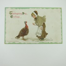 Thanksgiving Postcard Wild Turkey &amp; Girl Frances Brundage Embossed Antique - £7.95 GBP