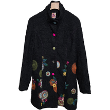 DY Design Medium Women&#39;s Boho Chic Black Wool Embroidered Colorful Design Coat - £39.95 GBP