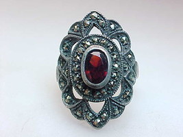 Genuine GARNET and MARCASITE Vintage RING in Sterling Silver - Size 6 -F... - £92.14 GBP