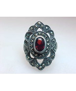 Genuine GARNET and MARCASITE Vintage RING in Sterling Silver - Size 6 -F... - £91.92 GBP