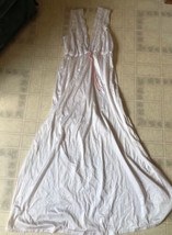 Vintage Nightgown Dream Away Size M White Satin Plunge Neckline Pink Ribbon - £42.12 GBP