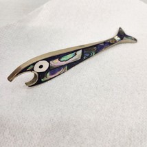 Vtg Abalone Shell Inlay Blue Fish Bottle Opener Silver Stamped Alpaca Mexico - £15.05 GBP