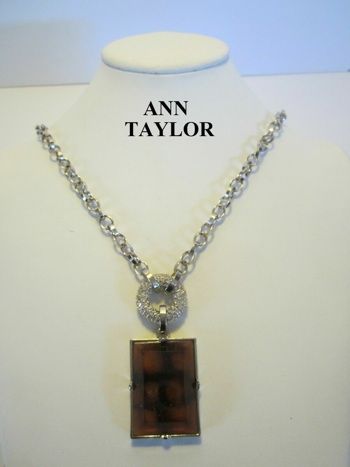 Primary image for Ann Taylor Pendant Necklace Faux Tiger Eye Crystal Rhinestone Silver Tone Chain