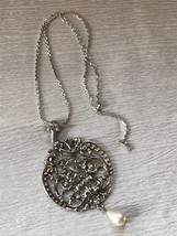 Estate Silvertone Chain w Large Avon Signed Ornate Round Pendant w White... - £9.74 GBP