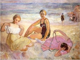 Three Women On the Beach by Henri Lebasque Repro Hand-made Canvas Oil Painting  - £192.66 GBP
