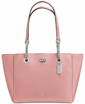 COACH NY 57107 TURNLOCK SILVER CHAIN PEONY PINK LEATHER SHOULDER TOTE BA... - £172.28 GBP