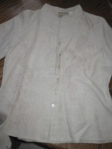 Womans M Beige Liz Claiborne Linen Button Down Jacket Tunic Shirt Top Embroide Ry - £12.08 GBP