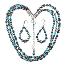 24&quot; Geneva Apachito 3 Strand Burnished Sterling/Turquoise Necklace/earrings set - $1,098.90