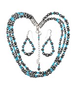 24&quot; Geneva Apachito 3 Strand Burnished Sterling/Turquoise Necklace/earri... - $1,098.90