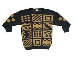 Vintage 80&#39;s It&#39;s Jack Knit Geometric Patterned Gold Black Sweater Women... - £21.26 GBP