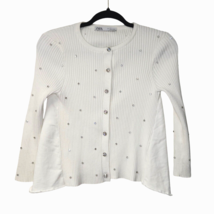 Zara Womens Small Sweater White Ribbed Knit Inset Jewels Stretch Cardigan - £12.48 GBP