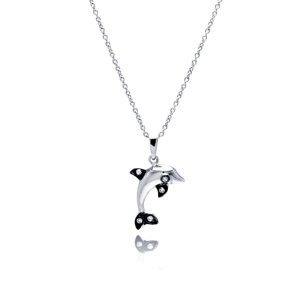 Sterling Silver 925 Rhodium Plated Black Plated Fins CZ Dolphin Pendant ... - $27.95