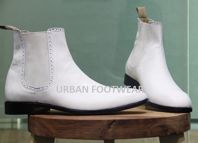 New Mens Handmade Stylish White Leather Ankle High Chelsea Casual Occasion Wear