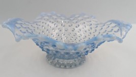 Blue Opalescent Hobnail Glass Ruffled Edge Candy Dish Small Bowl With Ha... - £21.57 GBP