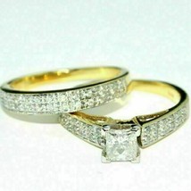 1.50 CT Princess Diamond Set Wedding Ring Set 14K Yellow Gold Finish 925 Silver - £76.43 GBP
