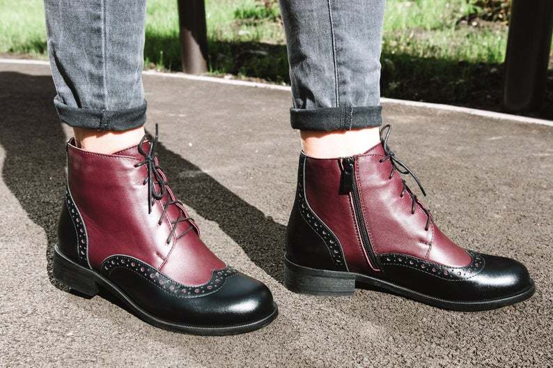 Women Burgundy Black Oxford Lace Up Ankle Premium Quality Leather Zipper Boots