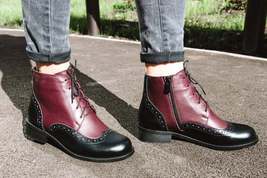Women Burgundy Black Oxford Lace Up Ankle Premium Quality Leather Zipper Boots - £115.77 GBP
