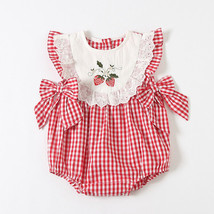 NEW Baby Girls Embroidered Strawberry Red Plaid Gingham Bubble Romper Jumpsuit - £10.37 GBP