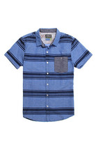 modern amusement mixer short sleeve woven men&#39;s guys shirt blue stripe s... - $36.99