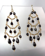 EXQUISITE Black Onyx Crystals Gold Metal Chandelier Dangle Peruvian Earrings - £17.53 GBP