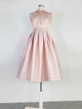 PINK A-line Pleated Midi Skirt Outfit Women Plus Size Taffeta Holiday Skirt 