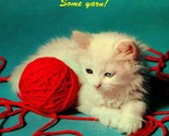 Some Yarn! Adorable Kitten Ball Of Red Yarn Blue Background UNP Chrome P... - $3.91