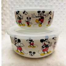 Disney Mickey Expressions Set of (2) Ceramic Microwave Bowls w/Vented Li... - £25.03 GBP