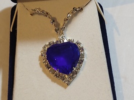 Vintage Sapphire-Blue / Crystal Rhinestone Heart Pendant Necklace BC Lind1998 - £23.17 GBP