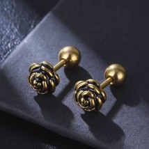 Mens Womens Gold Rose Ear Stud Earrings Punk Retro Rock Jewelry Stainless Steel - £11.27 GBP