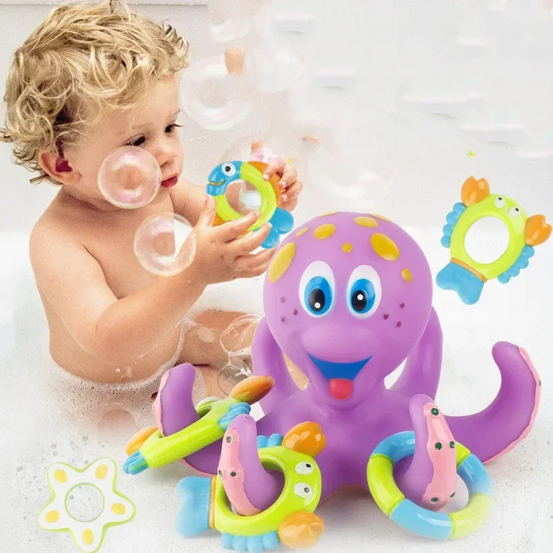 Baby Bath Toys Play Water Floating Cute Cartoon Purple Octopus with 5 Hoopla - £11.98 GBP