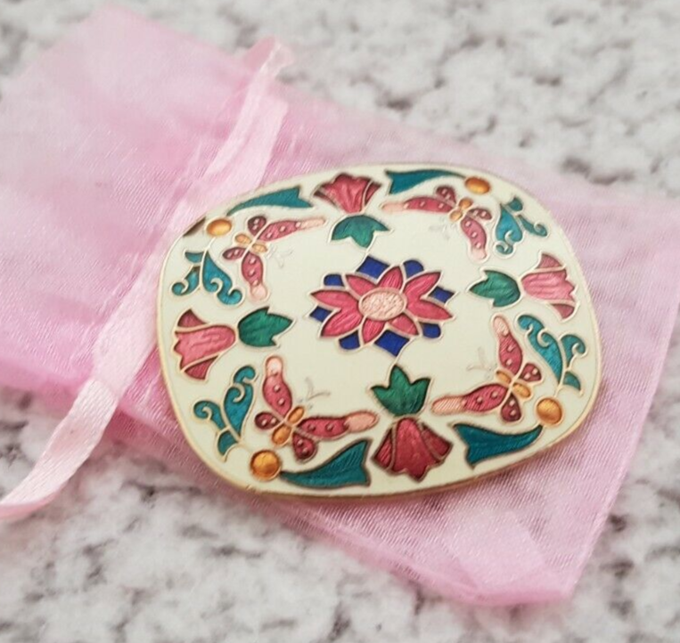 Pretty Vintage Flower &amp; Butterfly Design Cloisonne Pillow Brooch - $19.08