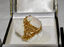 Vintage 14K Yellow Gold Large Natural Opal RING- White Fire Cabochon - Modernist - $1,187.01