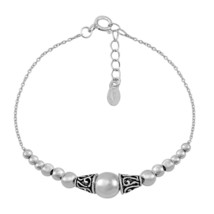 Balinese Influenced Sphere Ball Charm Sterling Silver Chain Bracelet - $19.79