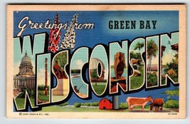 Greetings From Green Bay Wisconsin Large Letter City Postcard Curt Teich... - £30.04 GBP