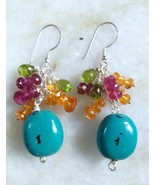 Natural Turquoise, Peridot, Rubellite and Garnet Silver Earrings - $110.00