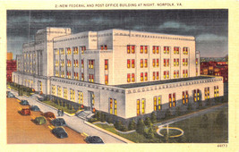 Norfolk Virginia~New Federal& Post Office Building At Night Postcard 1950 - £7.24 GBP