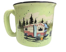 Camp Casual Ceramic Retro Trailer Camping 15oz Mugs Cups Bears Green Trees - $17.40