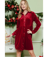 Red Long Sleeve Ruffle Velvet Button Up Shirt Dress - $207.37