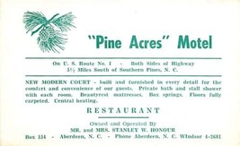 Sud Pines Nc Pino Acres Motel Proprietario STANLEY Onore Di Aberdeen Cartolina - £6.80 GBP