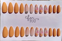 24pc Press on Nails Orange Nude Floral Rhinestone French Tip Matte Long ... - £6.39 GBP